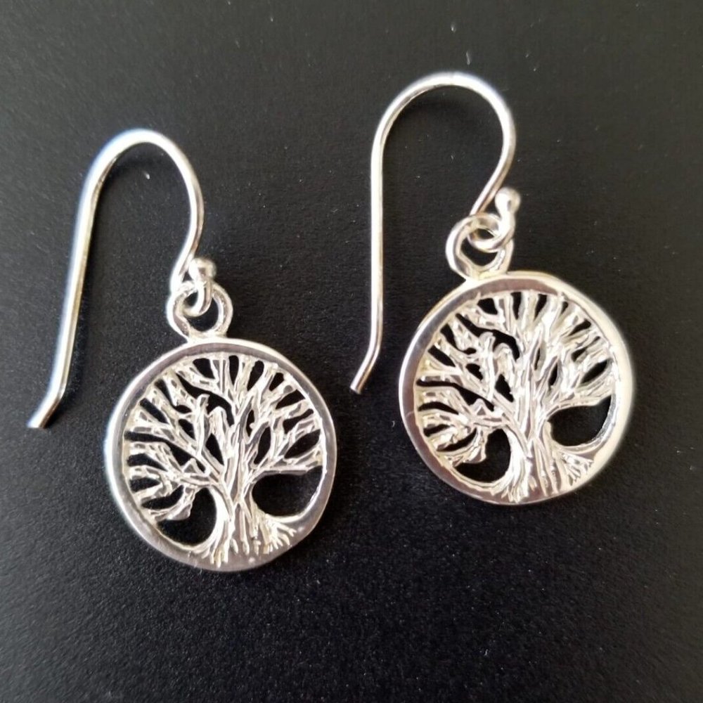 Tree of Life 925 Sterling Silver Tone Drop Dangle Earrings French Hook Stamped